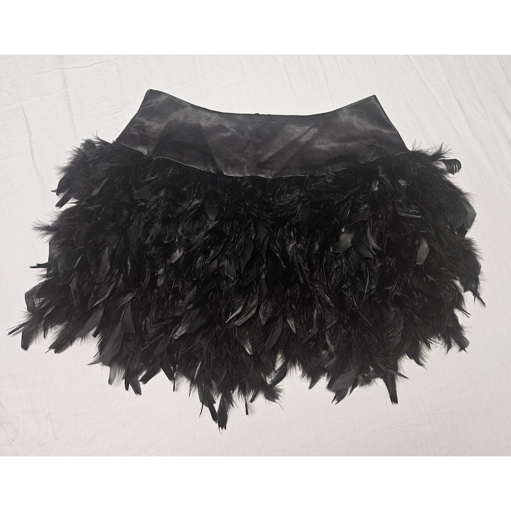 Fashion Nova Feather Mini Skirt Womens Size S Black Satin Came To Party Glam